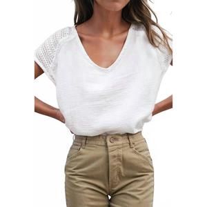 NEW AAPPARELLA lace crochet textured button back v-neck t shirt in white